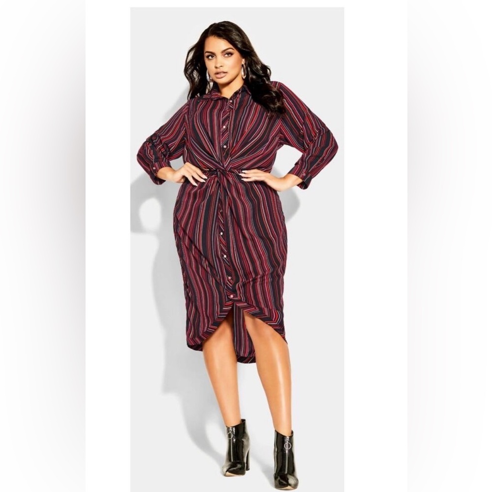 City Chic Amber Striped Twist-Front Button Down Dress